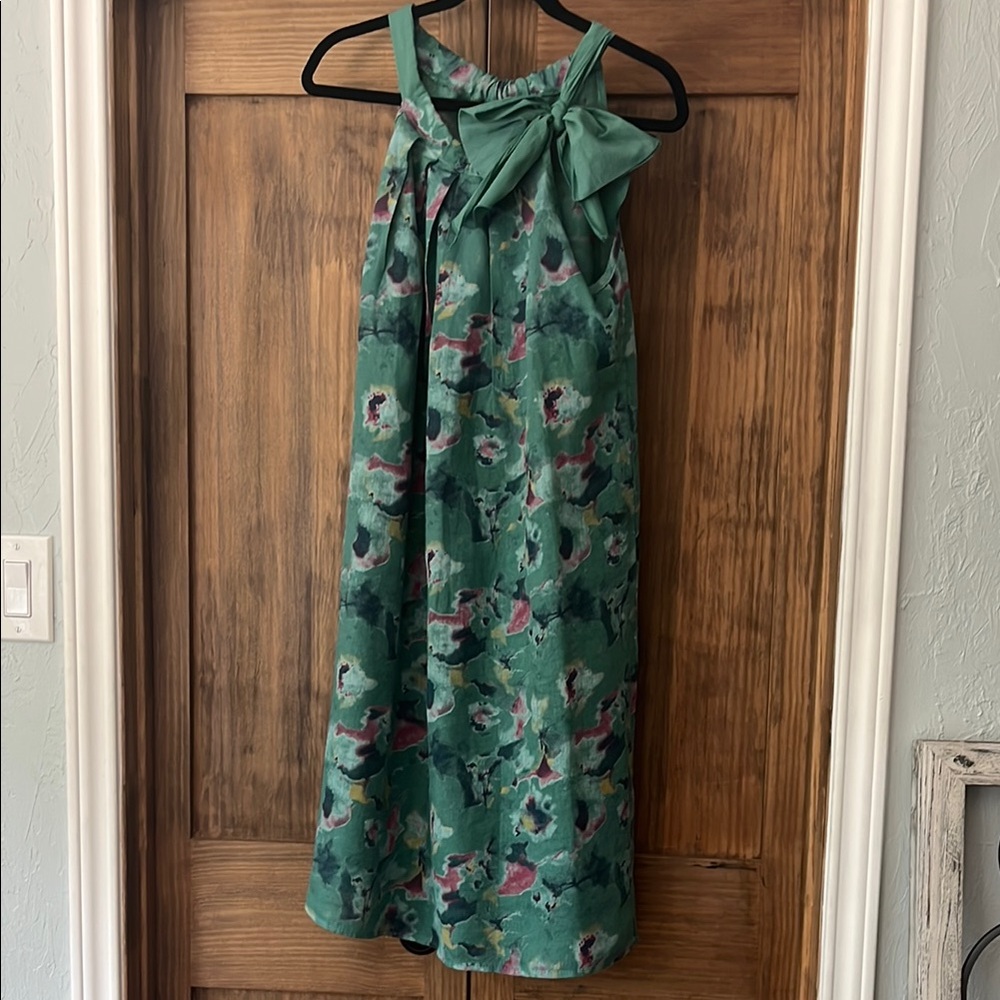 Green Floral Print Halter Dress with Bow - Picture 1 of 5